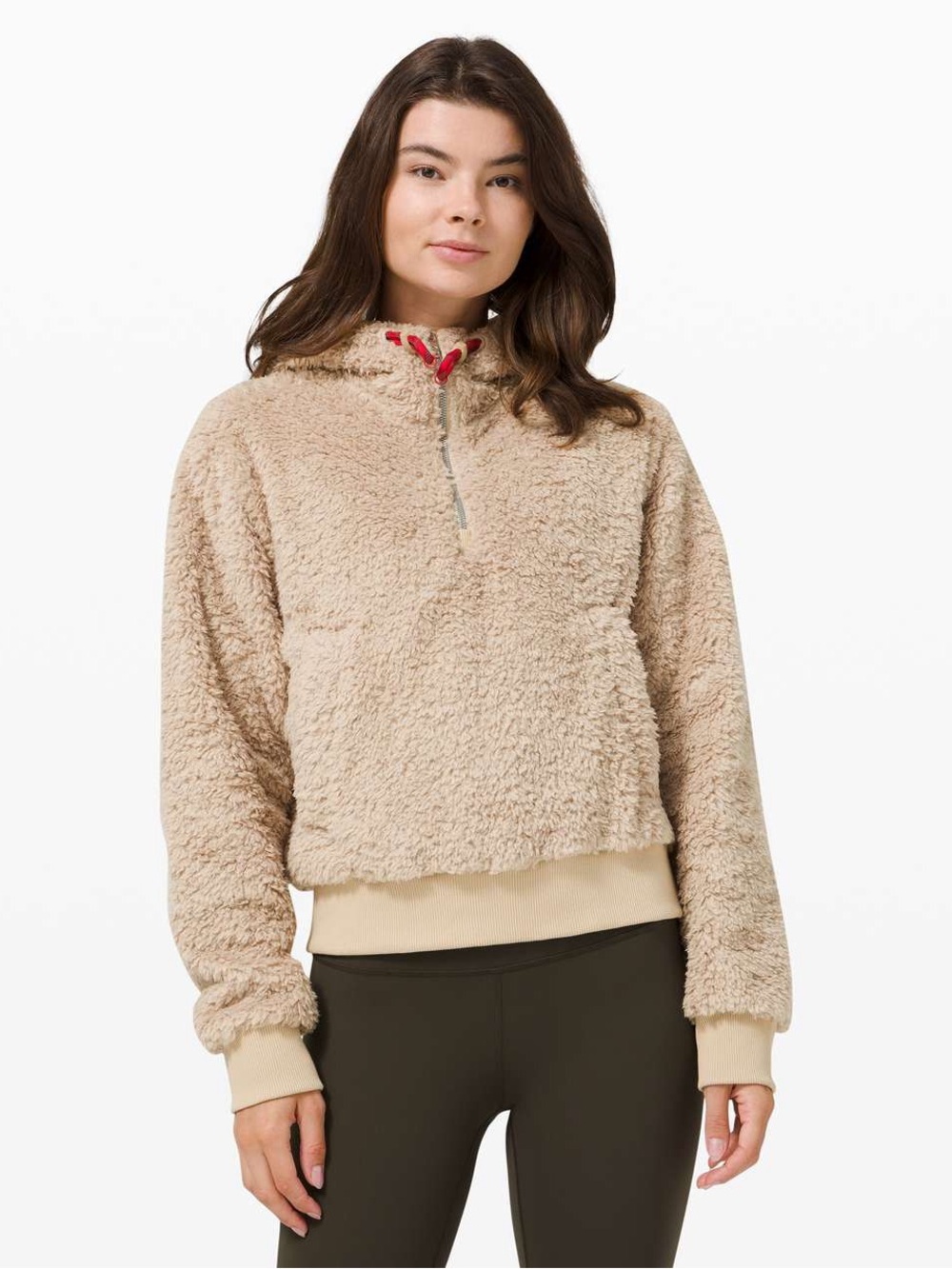 lululemon athletica Plush Sherpa Half-Zip Hoodie in Beige with Red Drawcord